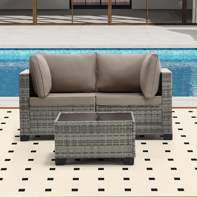 Bonzy Home 3 Pieces Outdoor Patio Furniture Set, PE Rattan Outdoor Sectional Furniture Sofa Set with Removable Cover and Glass Coffee Table, Patio Sofa for Balcony, Porch, Garden, (Grey-Khaki)