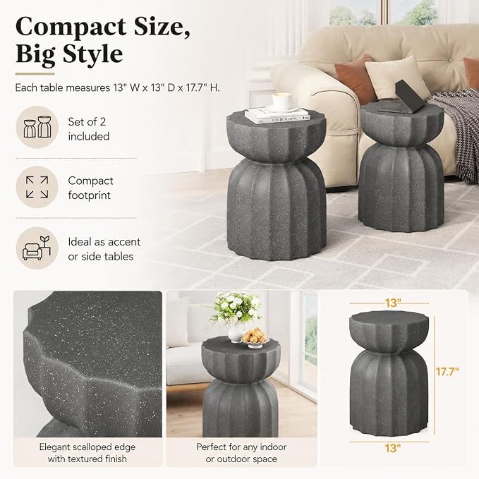 Concrete Outdoor Table Set of 2,13" Modern Round Stone Coffee Table,Waterproof Outdoor Side End Table for Patio Gardens, Backyards and Living Rooms (Gray-N, 13")