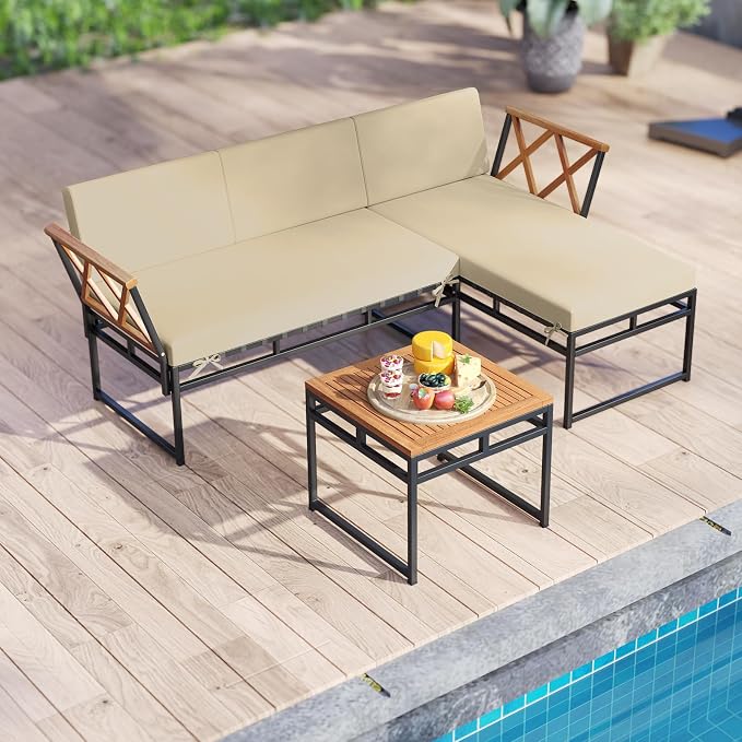 Tangkula 3 Pieces L-Shaped Outdoor Furniture Set, Acacia Wood Patio Sectional Cushioned Conversation Sofa with Square Coffee Table, for Porch, Backyard & Poolside (Beige)