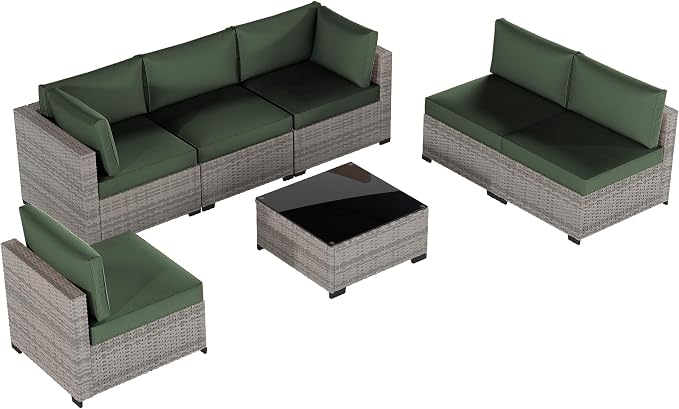 Patio Furniture Set 7 Pieces Conversation Set Wicker Outdoor Sectional Sofa,Ergonomic Armrests Couch with Cushion and Glass Table (Grey White-Green, 7 Piece-Single)