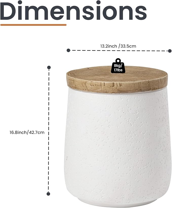HOMPUS Outdoor Side Table Set of 2, Concrete End Table Cylinder Shaped | Lightweight MgO Patio Accent Table w Wood Grain Top, Small Round Outdoor Garden Stand for for Indoor Outdoor Use, White
