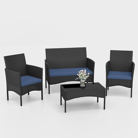 Kurapika Patio Furniture Set 4 Pieces Outdoor Wicker Rattan Chairs Conversation Sets w/Coffee Table, Rocking Bistro Set, for Patio Lawn Backyard (Navy Blue)