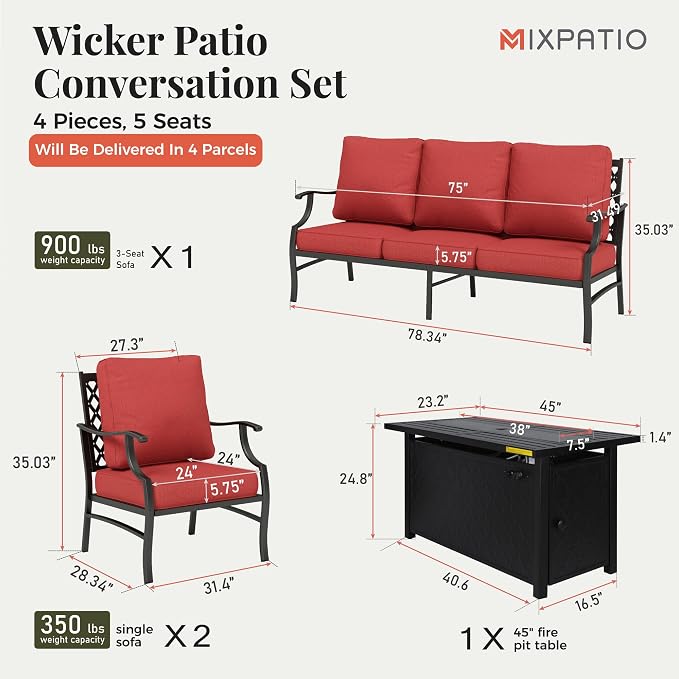 MIXPATIO Patio Furniture Set, 4 Pcs Metal Outdoor Conversation Set, 2 Single Chairs and 3 Seater Sofa with 5.75" Extra Thick Cushion and Gas Fire Pit Table for Backyard Deck, Red