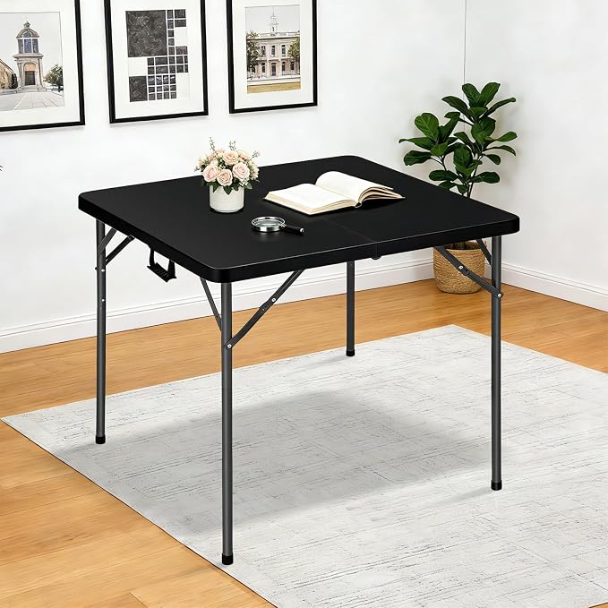 Lakhow 34" Square Folding Table, Plastic Commercial Folding Card Table with Collapsible Legs for Kitchen or Outdoor Party Wedding Event Indoor Outdoor Use, Black