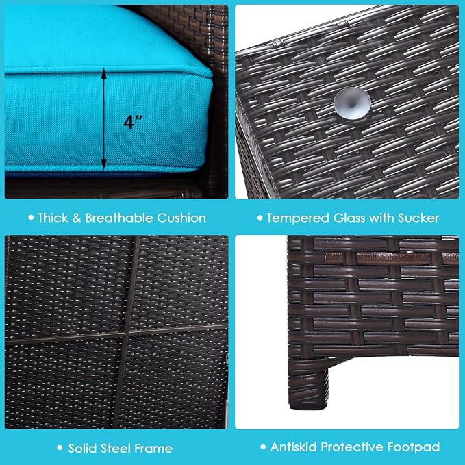 HAPPYGRILL 4-Piece Rattan Wicker Conversation Set Outdoor Patio Furniture Sofa Set with Storage Box & Tempered Glass Coffee Table for Backyard Garden Porch