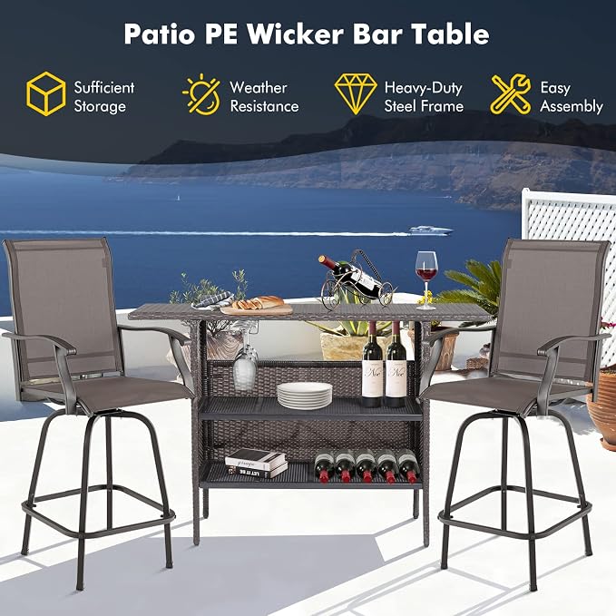 S AFSTAR Patio Rattan Bar Table, Outdoor Rattan Wicker Bar Counter Table with 2-Tier Metal Shelf & Steel Stemware Rack, Heavy-Duty Steel Frame, Waterproof Brown Rattan Table for Poolside, Backyard