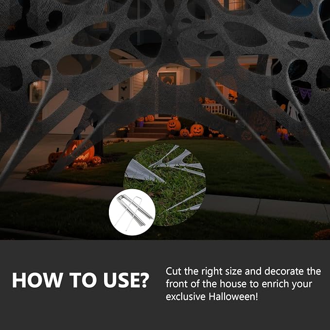 1000 Sqft （After Streched with Holes） Grey Uncut Giant Spider Web Halloween Decorations Outdoor with 10 Ground Nails Stretchy Beef Cloth Netting DIY Flexible Elastic for Yard Party Decor
