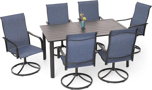 Patio 29" Heigh Rectangle Table and Navy Swivel Chairs Dining Set of 7 Sty2 | 63"x38" Metal Table, 29" Heigh Table Top,All Weather; 6 Piece Swivel Chairs: High Back,Retro Armrest,Textilene Fabric,Rocking