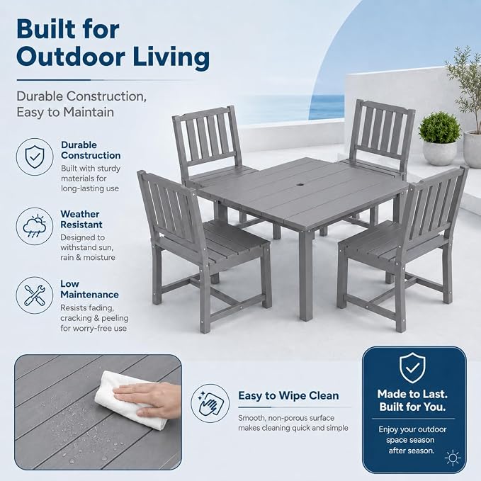 HDPE Outdoor Dining Set for 4, Square Table & Chairs Set | • All-Weather Polywood Composite • 410 lbs Heavy-Duty Support • Built-In 2" Umbrella Hole • Easy Soap-Water Wash