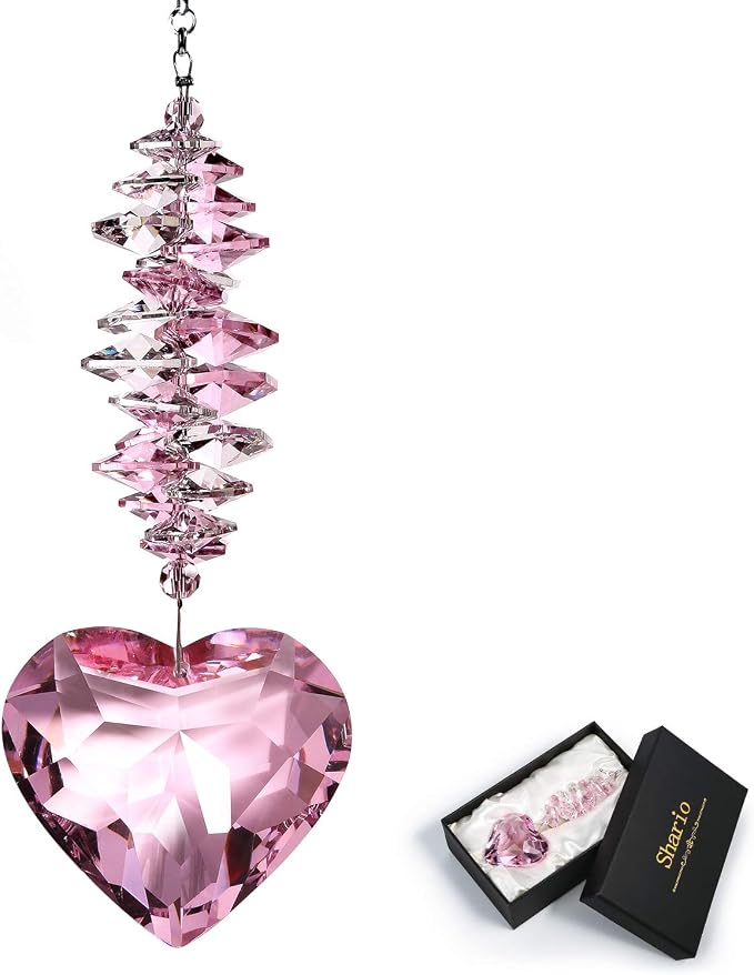 Shario 45mm Clear Glass Heart Crystal Ball Prism Pendant, Suncatcher for Windows, Outdoor Garden Hanging Décor, Gifts for Women, Mom(Pink)