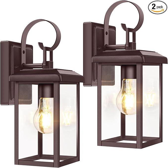 BesLowe 2-Pack Outdoor Wall Light Fixtures, Modern Porch Sconces, Brown | Waterproof, Rust-Resistant, Durable Metal with Clear Glass, Standard E26 Socket, Easy to Install