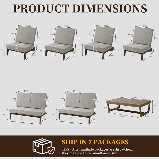 7 Pieces All Weather Wood Patio Furniture Sets, 2 Patio Loveseat, 4 Patio Bistro Chair, Outdoor Sectional Sofa Furniture Backyard Conversation Set with Coffee Table - Light Camel
