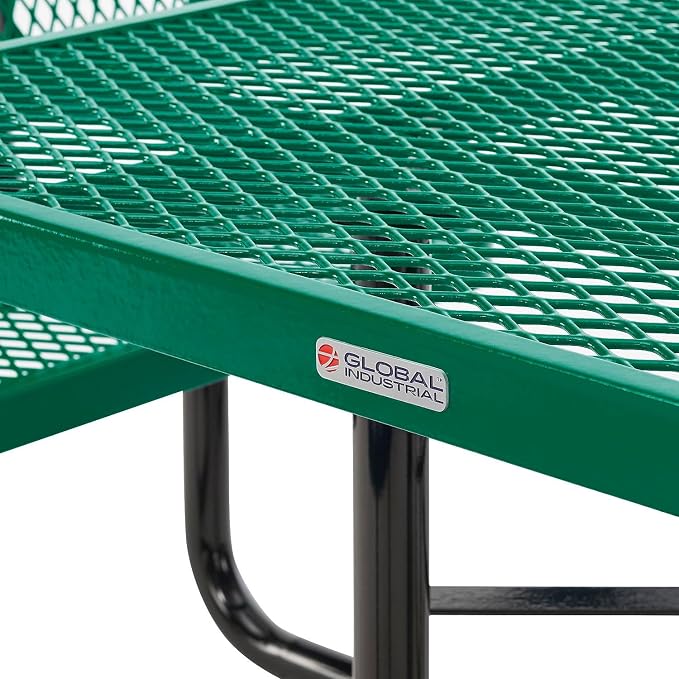 Global Industrial 46" Square Picnic Table with Backrests, Expanded Metal, Green Thermoplastic Coating, 1-1/2" Umbrella Hole, Outdoor-Rated, 1000 Lbs Capacity