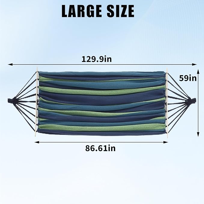 Canvas & Wood Hammock, Blue-Green Striped, 129.9x59.1 Inches, Extra Large Double Hammock, 500 LBS Weight Capacity, Portable with Storage Bag & 2x9.8ft Tree Ropes, Includes Installation Manual, for Out