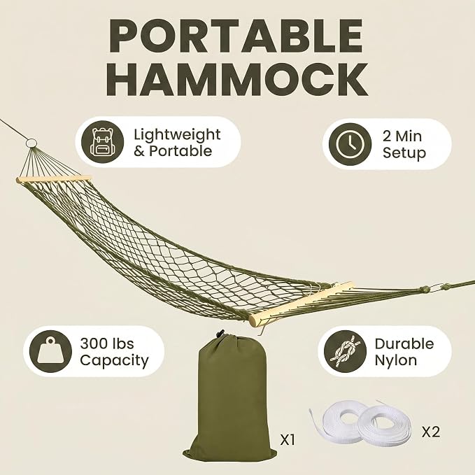 Portable Camping Hammock 79"x32" Anti-Rollover Mesh Hammock with Wooden Spreader Bar, Lightweight Hanging Hammock for Backyard Patio Travel Indoor Outdoor, White/Brown/Army Green