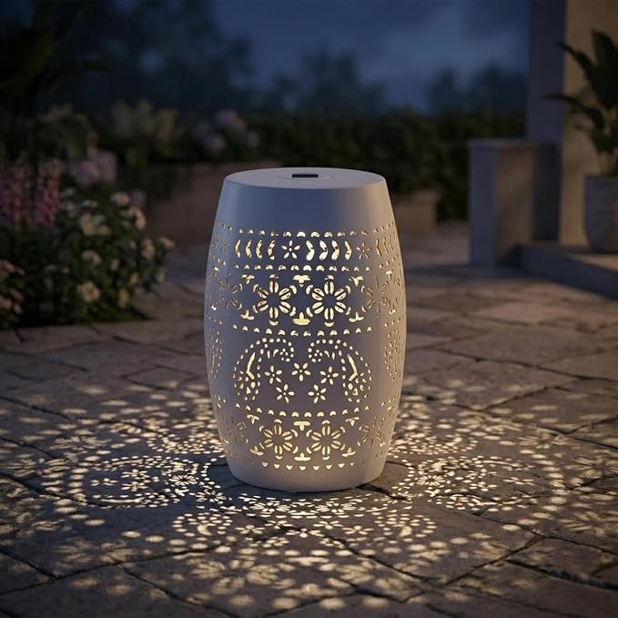 12" Outdoor Solar Side Table, Metal Cutout Drum Side Table, Coffee End Tables, Patio Garden Stool for Small Spaces, Living Room, Backyard, Poolside (1, White + Solar)