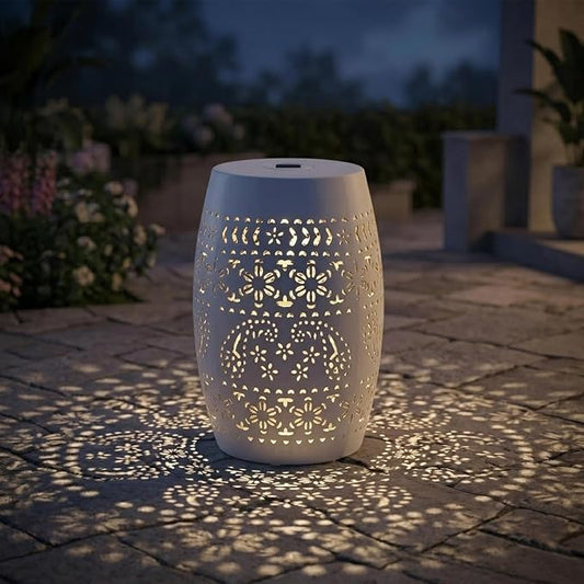 12" Outdoor Solar Side Table, Metal Cutout Drum Side Table, Coffee End Tables, Patio Garden Stool for Small Spaces, Living Room, Backyard, Poolside (1, White + Solar)