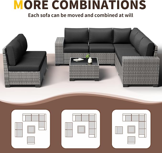 Outdoor Patio Furniture Set, 8‘’ Wide armrest Outdoor Sectional Rattan Sofa Set, Wicker Patio Furniture Sets w/Coffee Table,Thick Cushions and Cover for Porch, Balcony,Deck,8 PCS (Grey&Black)