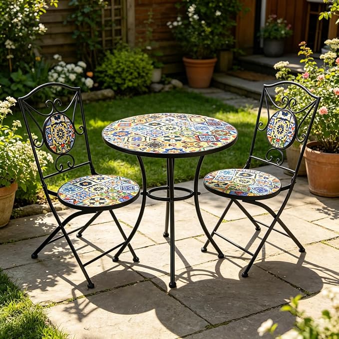 3 Piece Bistro Sets Mosaic Tile Round Table Folding Chairs Garden | Set of 3 Patio Furniture 23.6" Table and 2 Chairs Outdoor Bistro Chairs Artistic Table for Balcony Porch Apartment Backyard