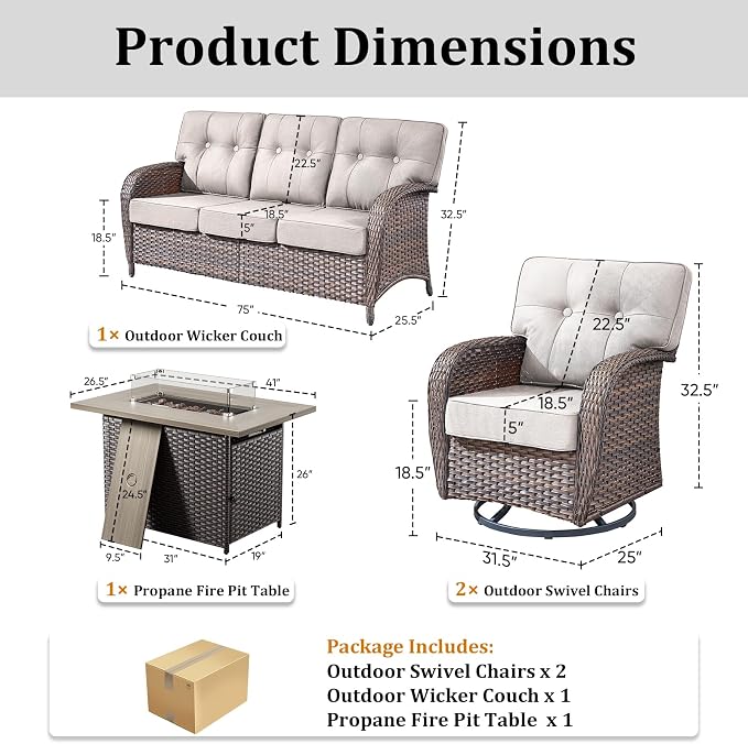 4 PCS Patio Furniture Set with Fire Pit Table, Outdoor Sectional Sofa Couch with Rocking Swivel Chairs 5" Deep Seat Chairs, Modern Wicker Rattan Conversation Set, Beige/Brown Wicker