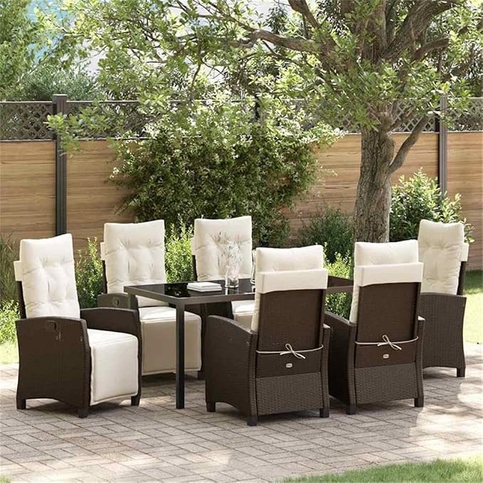 Afuera Living 7-Piece Poly Rattan Garden Dining Set, Brown Woven Texture, Glass Topped Table with Steel Legs, Cushioned Chairs with Adjustable Backrest, Modern Outdoor Patio Furniture, Seats 6