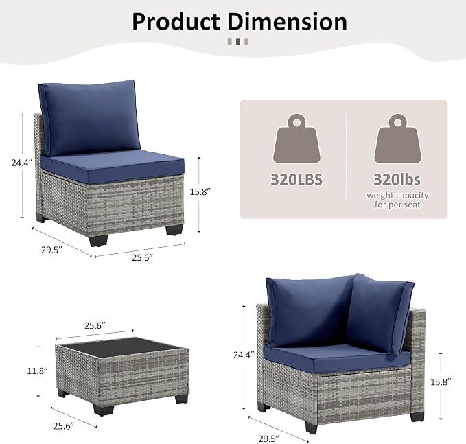 ANJ 3 Piece Outdoor Wicker Patio Furniture Set, Modular Loveseat Sofa with with Glass Top Coffee Table, All-Weather Rattan Conversation Couch Set for Balcony, Backyard, Light Grey Wicker-Blue