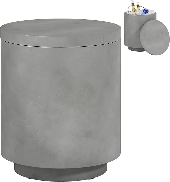 HOMCOM 2.6 Gal Outdoor Cooler Side Table, 3-in-1 Cool Coffee Table with Storage, Removable Ice Bucket and Lid, Concrete Small Patio Table for Party, Poolside, Deck, Gray