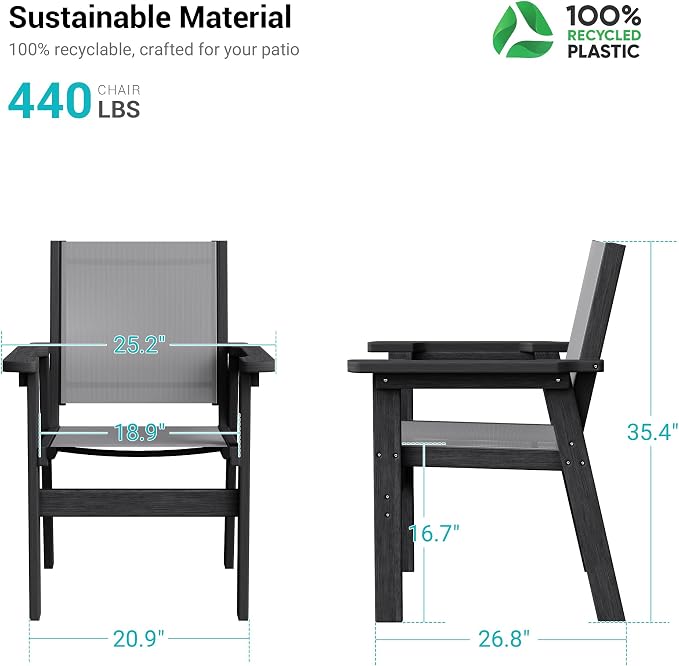 HDPE Outdoor Dining Chairs Set of 2 | Textilene Weather Resistant Patio Stackable Chairs for Garden, Backyard, Lawn and Poolside, Grey