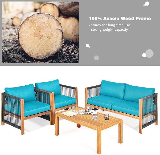 Tangkula Outdoor Wood Furniture Set, Acacia Wood Loveseat Sofa, 4 Single Chairs and 2Coffee Tables, 8 Pieces Conversation Set with Cushions, Garden Balcony Poolside Outdoor Living Set (2, Turquoise)