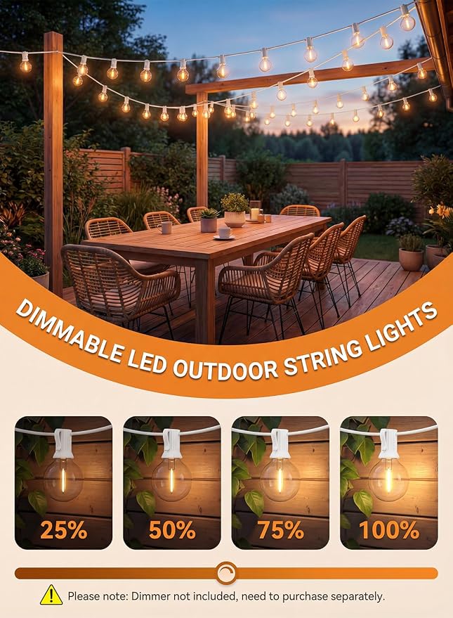 25FT G40 LED White Outdoor String Lights with 25 Plastic Shatterproof Bulbs | 2700K Warm White, IP65 Waterproof Hanging Connectable Globe Lights for Patio Garden Porch Pergola Bistro Decor, White Wire