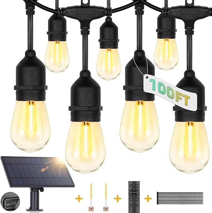 ZJOJO Solar String Lights Outdoor Waterproof 100FT Edison String Lights | Commercial Grade S14 Shatterproof Bulbs Patio Lights Solar Powered Outdoor,Hanging Lights for Cafe Patio Backyard Bistro Farm