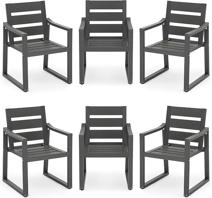 Cozyman HDPS Outdoor Dining Chairs Set of 6, 350 LBS, Patio Dining Chairs with Armrest, All Weather Outdoor Kitchen Chairs with Square Frame Legs for Outdoor Indoor, Lawn, Garden, Backyard, Dark Gray