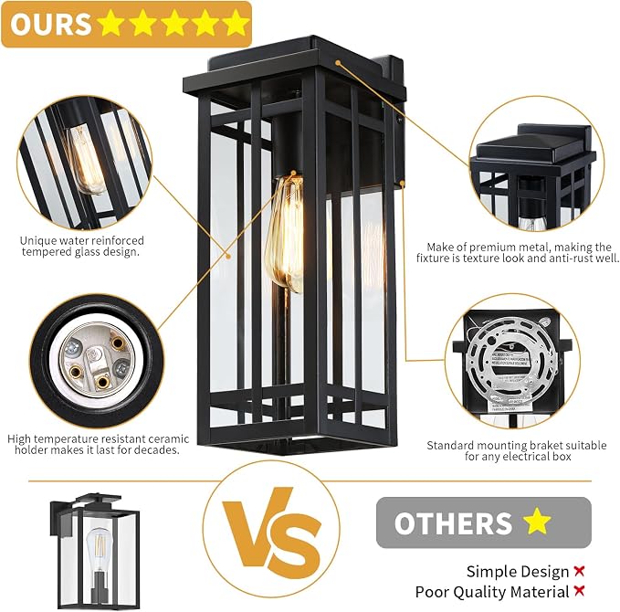 13.8'' Outdoor Wall Light Fixtures 2 Packs, Black Porch Lights | Outdoor Lights for House, Exterior Lighting Fixtures Wall Lanterns, Waterproof Modern Outside Sconce for Garage(No Sensor)