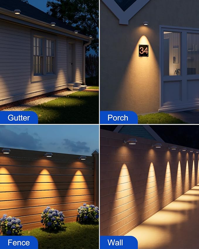 8 Pack White Solar Powered Clip On Gutter Mount Lights Outdoor Waterproof LED Fence Lamp for Lighting Rainspout, Railing, Outside House, Wall, Deck, Porch, Garage, Easy Peasy Installation(Warm White)