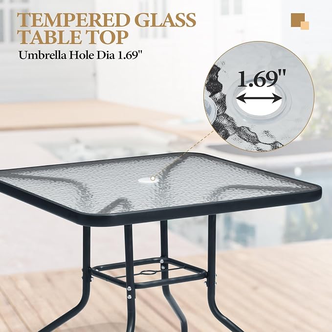 Crestlive Products 5 Piece Patio Dining Set with 4 Folding Chairs and Table Outdoor Dining Furniture with Square Glass Tabletop, Umbrella Hole for Bistro, Garden, Backyard, Deck(Grey)