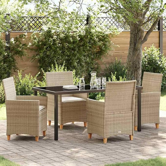 5 Piece Garden Dining Set, Weather-Resistant Poly Rattan Patio Furniture with Glass Tabletop and 4 Chairs for Outdoor Backyard Deck, Beige