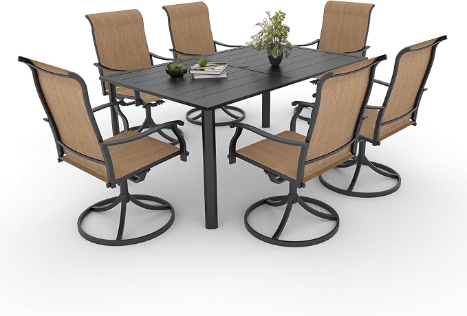 Anmutig 7-Piece Outdoor Patio Dining Set with 6 Swivel Chairs, Outdoor Furniture Steel Frame Slat Rectangular Table with 1.57" Umbrella Hole for Backyard, Brown