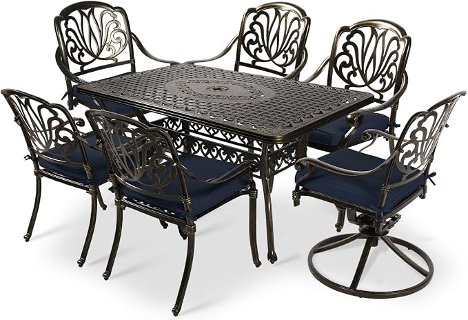 VIVIJASON 7 Pieces Cast Aluminum Outdoor Furniture Dining Set, Patio Conversation Set, Include 4 Stationary Chairs, 2 Swivel Dining Chairs and a Rectangle Table with Umbrella Hole, Navy Blue Cushion