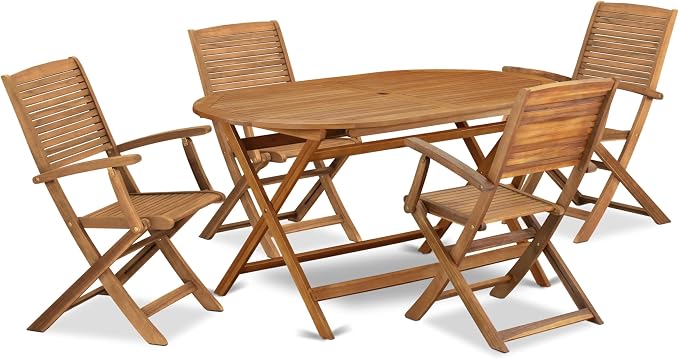East West Furniture DIHD5CANA 5 Piece Outdoor Patio Dining Sets Consist of an Oval Acacia Wood Table and 4 Folding Arm Chairs, 36x60 Inch, Natural Oil