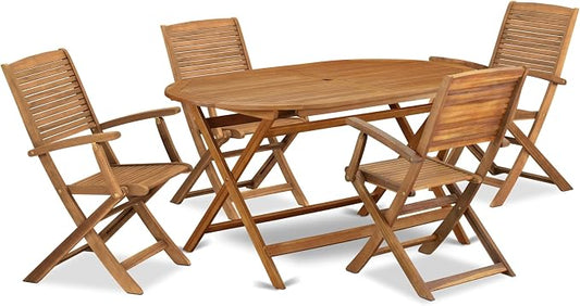 East West Furniture DIHD5CANA 5 Piece Outdoor Patio Dining Sets Consist of an Oval Acacia Wood Table and 4 Folding Arm Chairs, 36x60 Inch, Natural Oil