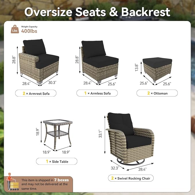 LazySunsets Luxury Patio Furniture Set，All-Weather Patio Sectional Sofas with Thickened Cushions, 8 Piece Outdoor Furniture Sectional Set with Swivel Rocker Chairs of 2，Black