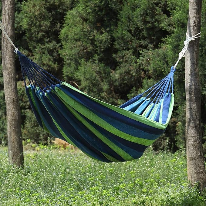 Camping Hammock,Portable Garden Hammock,Extra Long and Wide Brazilian Hammock Canvas Cotton Hammock with Carrying Bag for Patio Yard & Backyard &Porch & Outdoor/Indoor (Blue & Green Strip)