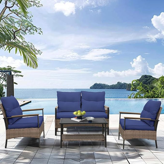 COOS BAY Sunset Haven Outdoor Patio Furniture Set, Outdoor Conversation Set, Rattan Wicker Sofa, Loveseat, 2 Patio Chairs and Coffee Table, Brown/Blue
