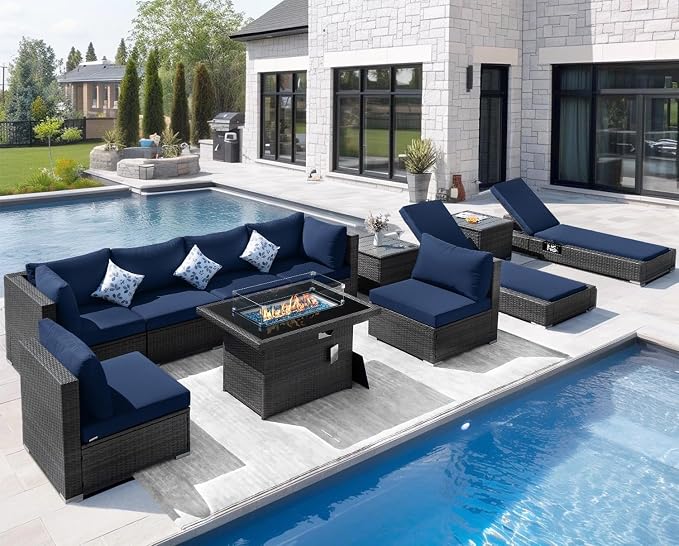 NICESOUL 11-Piece Patio Furniture with Chaise Lounge, Modern Wicker Outdoor Sectional with Fire Pit, Comfortable 29.3'' High-Back Conversation Seating, Heavy Duty All-Weather Couch Set, Grey & Blue