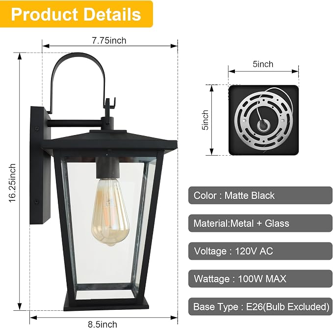 Kalium Outdoor Wall Lights Fixtures Lantern Frame 16 1/8", Outside Lights Black Transitional Durable Metal, Clear Glass for Post Exterior Barn Deck House Porch Yard Patio Garage Garden