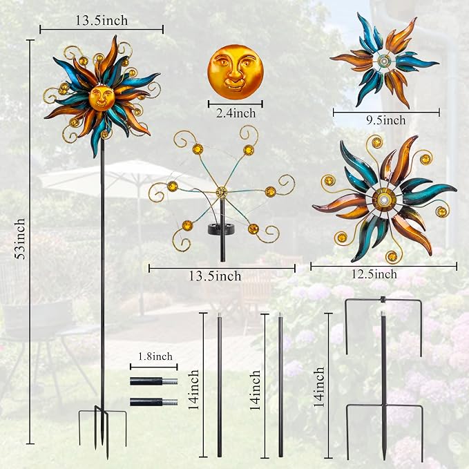 VEWOGARDEN Garden Solar Wind Spinner, Sun Outdoor Metal Wind Sculpture Yard Art Decor for Patio, Lawn & Garden