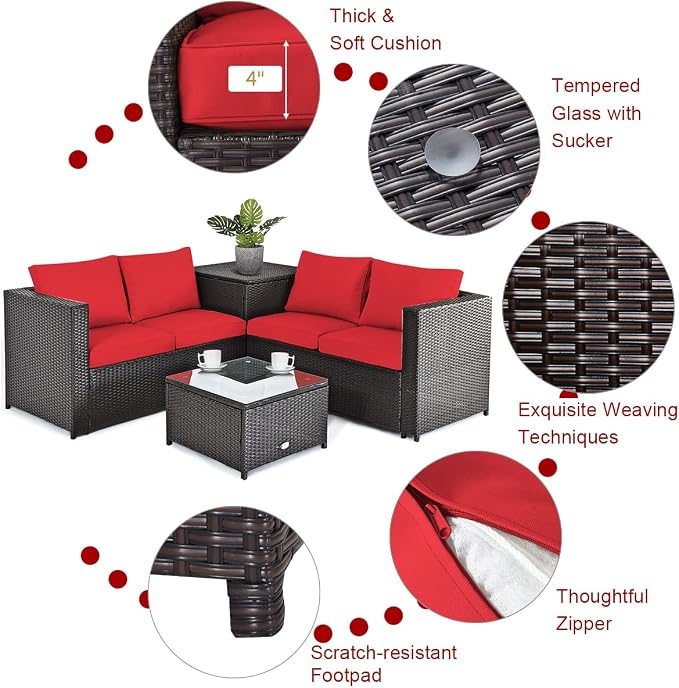 Tangkula 4 Piece Wicker Patio Set with Storage, All Weather-Proof Outdoor Conversation Set, with Loveseat, Glass Top Coffee Table & Storage Box, Suitable for Garden, Poolside, Sunroom (1, Red)