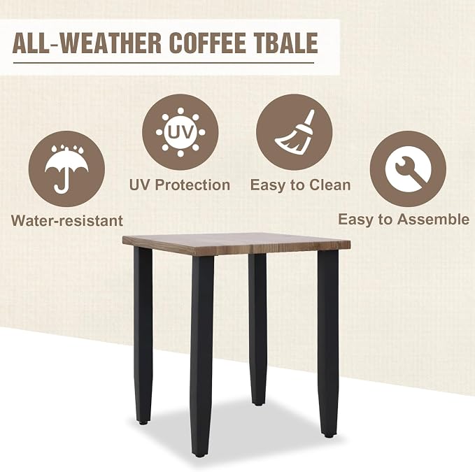 Modern Outdoor Side Table, Wood Grain Top End Table for Patio, Deck, Porch, Garden, Weather Resistant Steel Frame, Brown