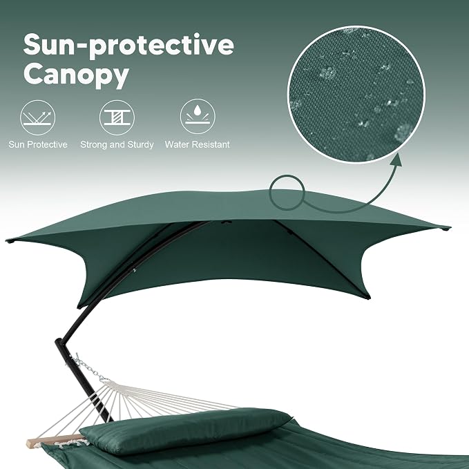 SUNCREAT Portable Outdoor Hammock with Stand, Canopy, Double Hammock with Stand for Outside, Patent Pending, Dark Green
