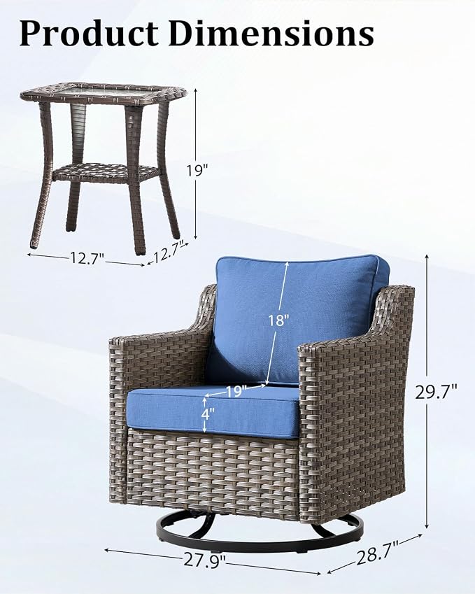 Outdoor Furniture Set of 6, Patio Furniture Set with 4 Wicker Swivel Rocker Chairs, 2 Side Table, High Back&Deep Seat for Garden Deck Porch Balcony Backyard - Blue